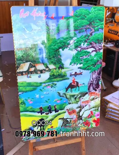 Tranh đồng quê tráng gương, Trang treo tường tráng gương làng quê đàn chim bay về tổ QQC19