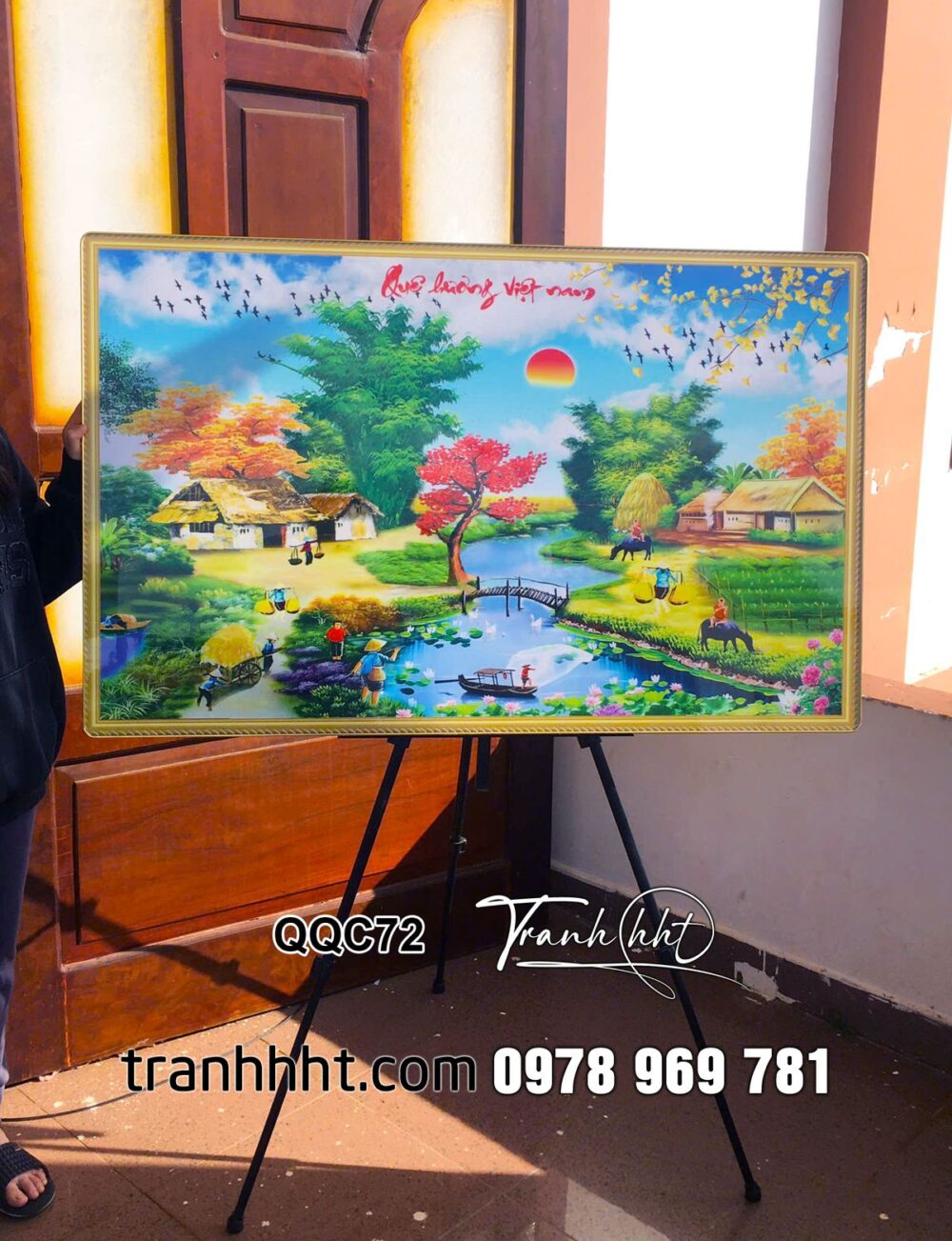 Tranh đồng quê Việt Nam, tranh đồng quê nông thôn việt nam treo tường, Tranh treo tường làng quê tráng gương QQC72