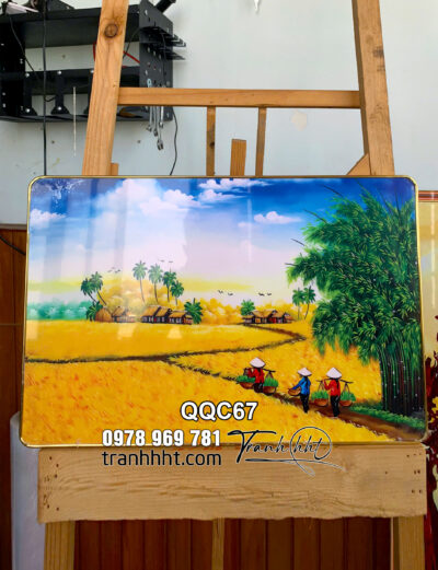 Tranh đồng quê tráng gương, tranh quê hương thôn quê, tranh đồng quê làng quê dân làng gánh mạ về nhà treo tường QQC67