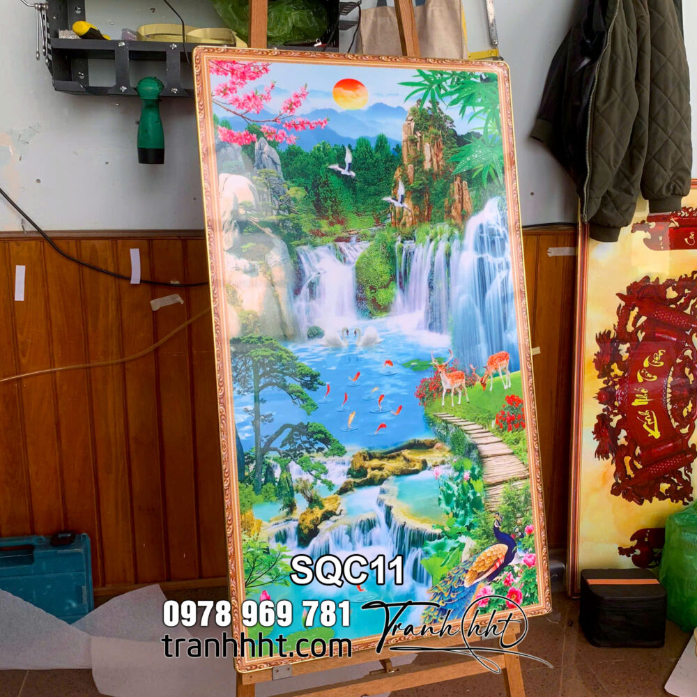 Tranh phong thuỷ sơn thuỷ 3d treo tường, Tranh treo tường phong thủy quê hương hữu tình núi non tráng gương SQC11