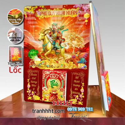 Lịch con dê vàng Đinh Mùi Tam Dương Khai Thái 2027, Lịch Bloc treo tường, Khung tranh Lịch Tết Tài Lộc Thần Tài Di Lặc 1411LT