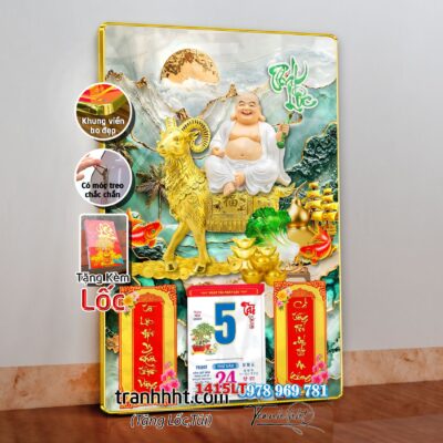 Lịch con dê vàng Đinh Mùi Tam Dương Khai Thái 2027, Lịch Bloc treo tường, Khung tranh Lịch Tết Tài Lộc Thần Tài Di Lặc 1415LT