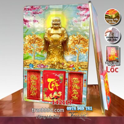Lịch tài lộc thần tài di lặc kim tiền phúc lộc thọ mai đào tết lịch tráng gương laminate năm mới treo tường 1421LT