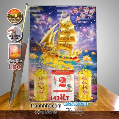 Lịch thuận buồm xuôi gió phú quý phong thủy treo tường lịch tết thuyền vàng laminate tráng gương treo tường 1424LT