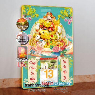 Lịch con dê vàng Đinh Mùi Tam Dương Khai Thái 2027, Lịch Bloc treo tường, Khung tranh Lịch Tết Tài Lộc Thần Tài Di Lặc 1461LT