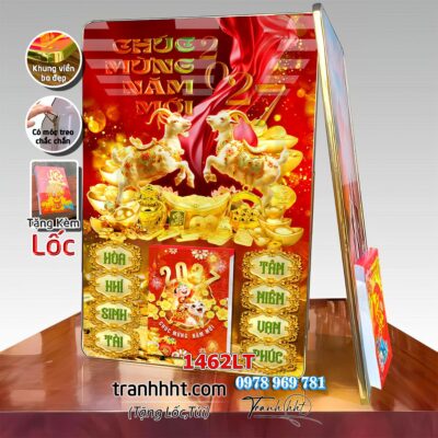 Lịch con dê vàng Đinh Mùi Tam Dương Khai Thái 2027, Lịch Bloc treo tường, Khung tranh Lịch Tết Tài Lộc Thần Tài Di Lặc 1462LT