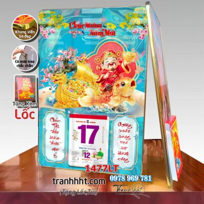 Lịch tài lộc thần tài di lặc kim tiền phúc lộc thọ mai đào tết lịch tráng gương laminate năm mới treo tường 1477LT