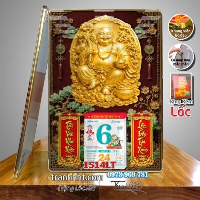 Lịch tài lộc thần tài di lặc kim tiền phúc lộc thọ mai đào tết lịch tráng gương laminate năm mới treo tường 1514LT