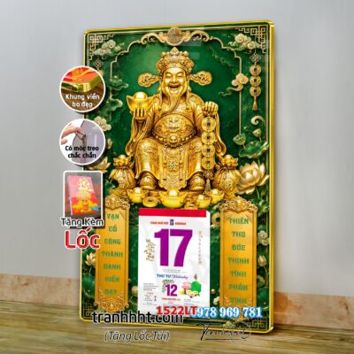 Lịch tài lộc thần tài di lặc kim tiền phúc lộc thọ mai đào tết lịch tráng gương laminate năm mới treo tường 1522LT