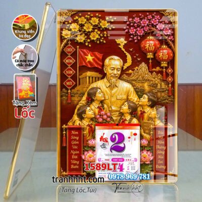 Lịch bác Hồ tráng gương laminate, Tranh Lịch bloc bác hồ bác giáp bác trọng treo tường 1589LT