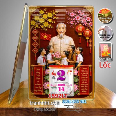 Lịch bác Hồ tráng gương laminate, Tranh Lịch bloc bác hồ bác giáp bác trọng treo tường 1592LT