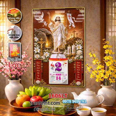 Tranh lịch tết công giáo chúa giê su đức mẹ maria gia đình thánh gia laminate tráng gương treo tường 1606LT