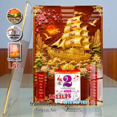 Lịch thuận buồm xuôi gió phú quý phong thủy treo tường lịch tết thuyền vàng laminate tráng gương treo tường 1611LT