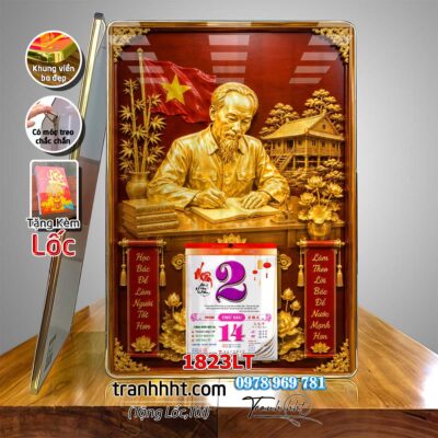 Lịch bác Hồ tráng gương laminate, Tranh Lịch bloc bác hồ bác giáp bác trọng treo tường 1823LT