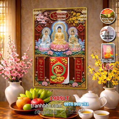 Lịch Tết Phật giáo treo tường, Lịch quan âm bồ tát tây phương tam thánh treo tường 1909LT