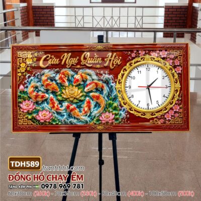 Tranh đồng hồ hoa sen cá chép treo tường TDH589