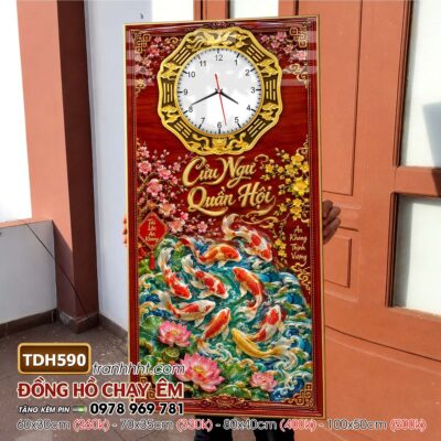 Tranh đồng hồ hoa sen cá chép treo tường TDH590