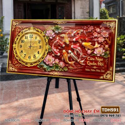 Tranh đồng hồ hoa sen cá chép treo tường TDH591