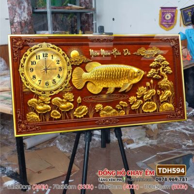 Tranh đồng hồ hoa sen cá chép treo tường TDH594