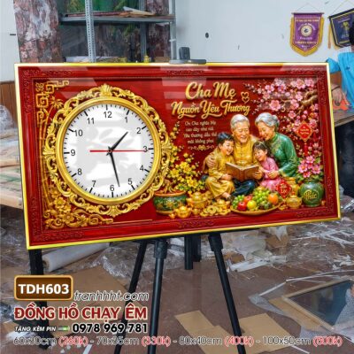 Tranh đồng hồ tráng gương tri ân cha mẹ thầy cô gia đình thư pháp TDH603
