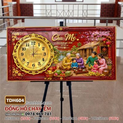 Tranh đồng hồ tráng gương tri ân cha mẹ thầy cô gia đình thư pháp TDH604