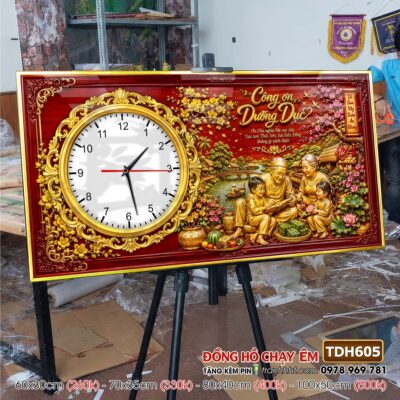Tranh đồng hồ tráng gương tri ân cha mẹ thầy cô gia đình thư pháp TDH605