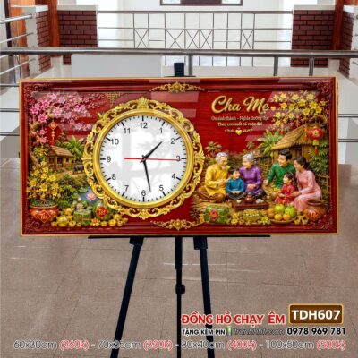 Tranh đồng hồ tráng gương tri ân cha mẹ thầy cô gia đình thư pháp TDH607