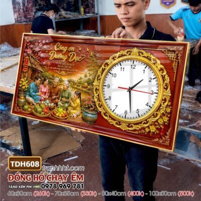 Tranh đồng hồ tráng gương tri ân cha mẹ thầy cô gia đình thư pháp TDH608