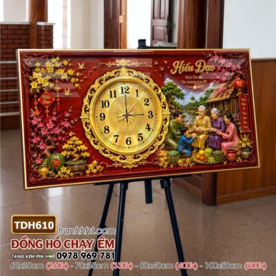 Tranh đồng hồ tráng gương tri ân cha mẹ thầy cô gia đình thư pháp TDH610