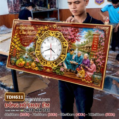 Tranh đồng hồ tráng gương tri ân cha mẹ thầy cô gia đình thư pháp TDH611