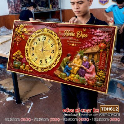 Tranh đồng hồ tráng gương tri ân cha mẹ thầy cô gia đình thư pháp TDH612