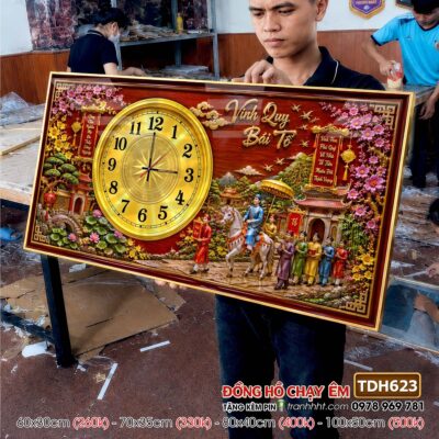 Tranh đồng hồ tráng gương tri ân cha mẹ thầy cô gia đình thư pháp TDH623