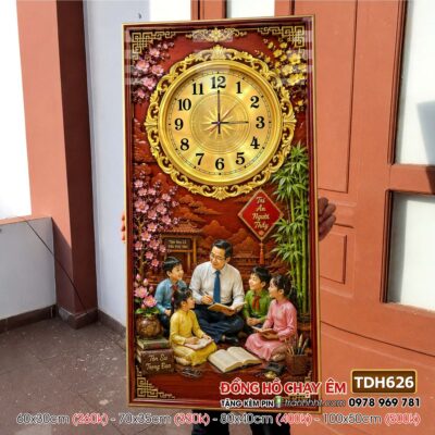 Tranh đồng hồ tráng gương tri ân cha mẹ thầy cô gia đình thư pháp TDH626