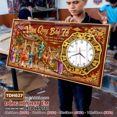 Tranh đồng hồ tráng gương tri ân cha mẹ thầy cô gia đình thư pháp TDH627