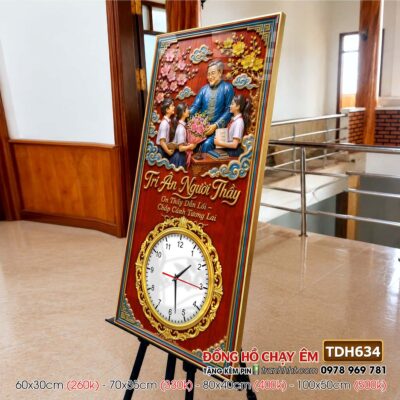 Tranh đồng hồ tráng gương tri ân cha mẹ thầy cô gia đình thư pháp TDH634