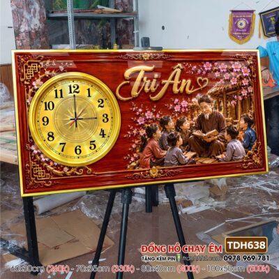 Tranh đồng hồ tráng gương tri ân cha mẹ thầy cô gia đình thư pháp TDH638