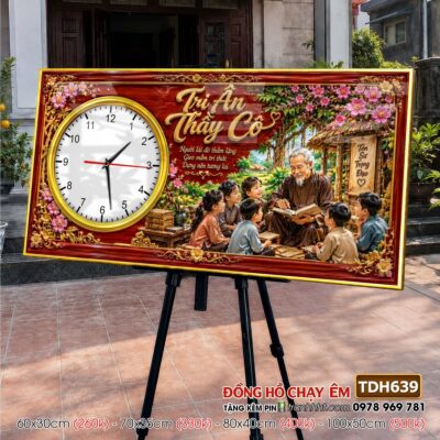 Tranh đồng hồ tráng gương tri ân cha mẹ thầy cô gia đình thư pháp TDH639