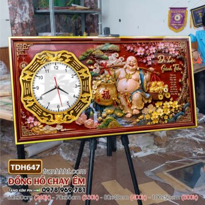 Tranh đồng hồ tài lộc thần tài di lặc phúc lộc thọ bonsai treo tường TDH647