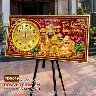 Tranh đồng hồ tài lộc thần tài di lặc phúc lộc thọ bonsai treo tường TDH649