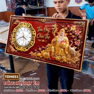 Tranh đồng hồ tài lộc thần tài di lặc phúc lộc thọ bonsai treo tường TDH651