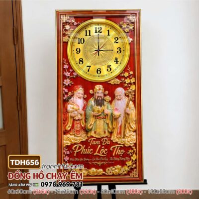 Tranh đồng hồ tài lộc thần tài di lặc phúc lộc thọ bonsai treo tường TDH656
