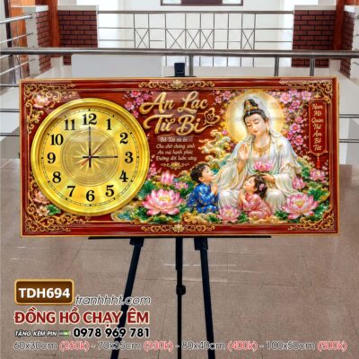 Tranh đồng hồ phật giáo quan âm bồ tát tây phương tam thánh treo tường TDH694