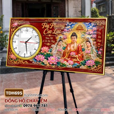 Tranh đồng hồ phật giáo quan âm bồ tát tây phương tam thánh treo tường TDH695