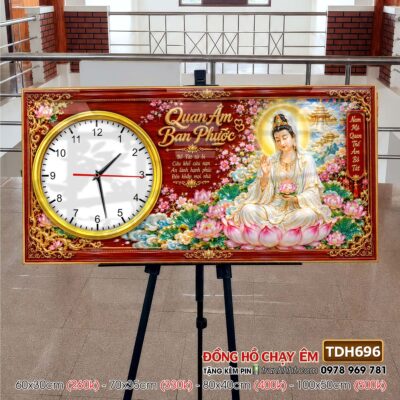 Tranh đồng hồ phật giáo quan âm bồ tát tây phương tam thánh treo tường TDH696