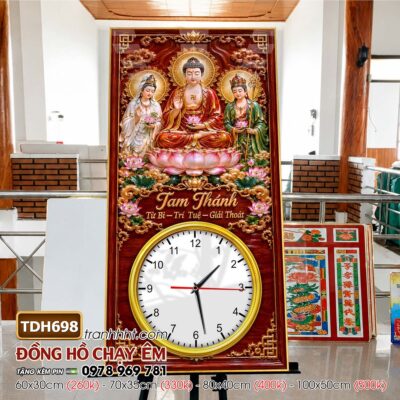 Tranh đồng hồ phật giáo quan âm bồ tát tây phương tam thánh treo tường TDH698