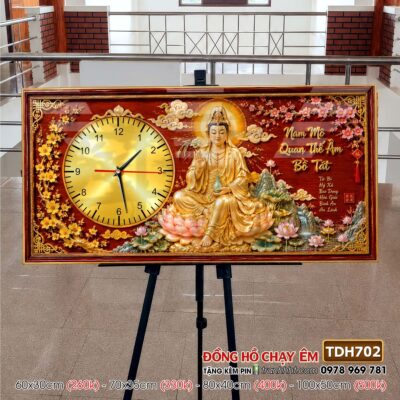 Tranh đồng hồ phật giáo quan âm bồ tát tây phương tam thánh treo tường TDH702