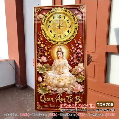 Tranh đồng hồ phật giáo quan âm bồ tát tây phương tam thánh treo tường TDH706