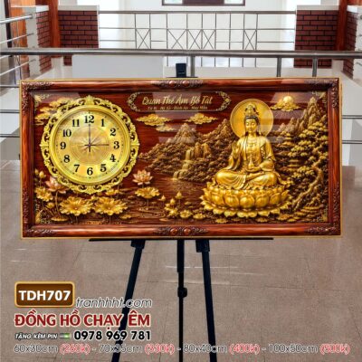 Tranh đồng hồ phật giáo quan âm bồ tát tây phương tam thánh treo tường TDH707