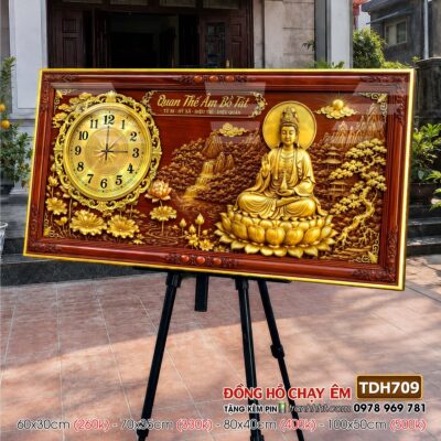 Tranh đồng hồ phật giáo quan âm bồ tát tây phương tam thánh treo tường TDH709