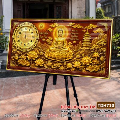 Tranh đồng hồ phật giáo quan âm bồ tát tây phương tam thánh treo tường TDH710